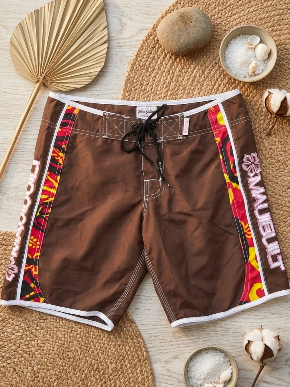 MAUI BUILT Women’s Board Shorts - Vintage Y2K Tribal Hibiscus Floral Trim Trunks